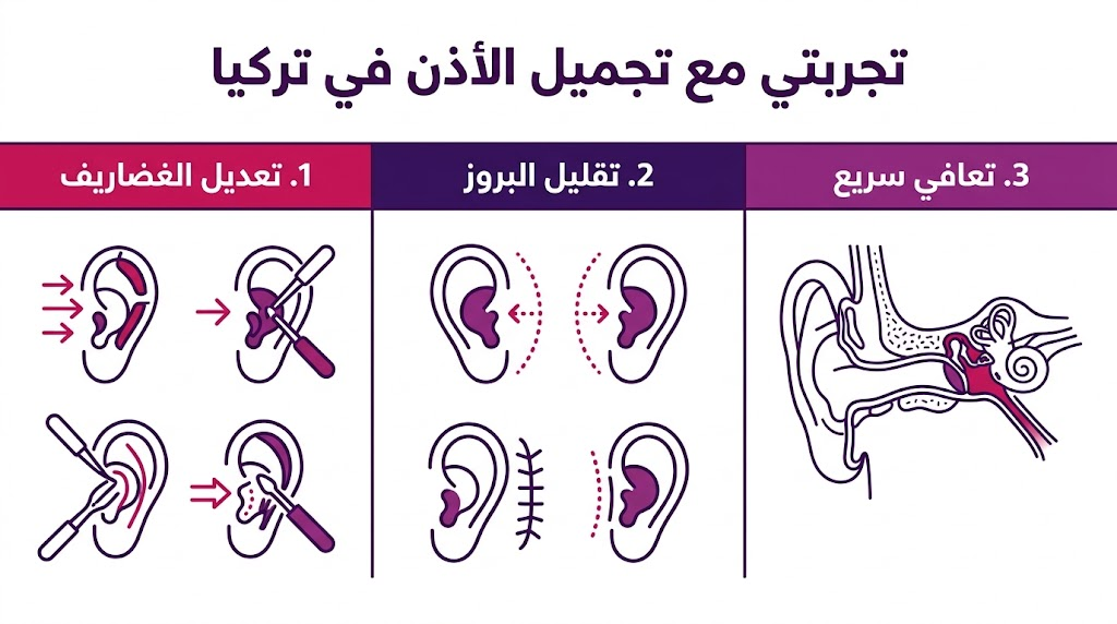 بوستر إنفوجرافيك تعليمي يلخص مراحل تجربتي مع تجميل الأذن في تركيا والتقنيات المستخدمة.