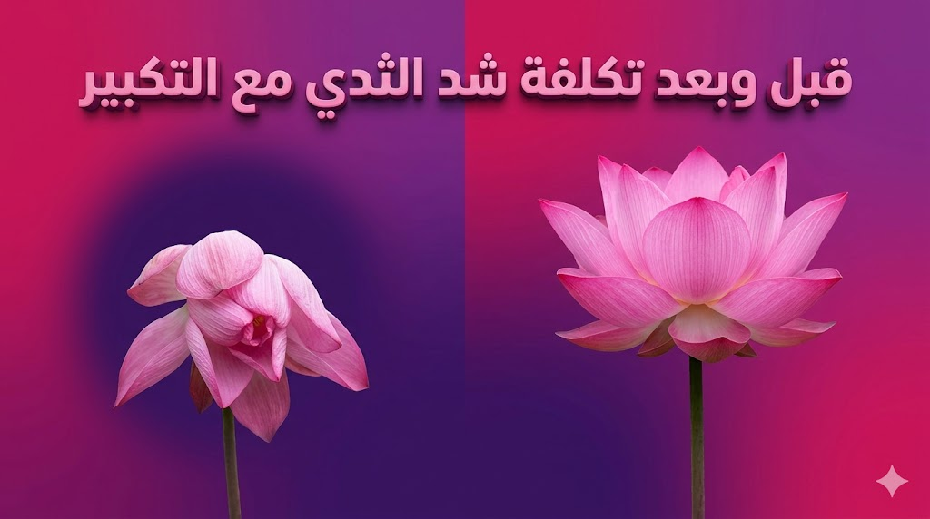 مقارنة رمزية لنتائج قبل وبعد تكلفة شد الثدي مع التكبير باستخدام استعارة زهرة اللوتس.