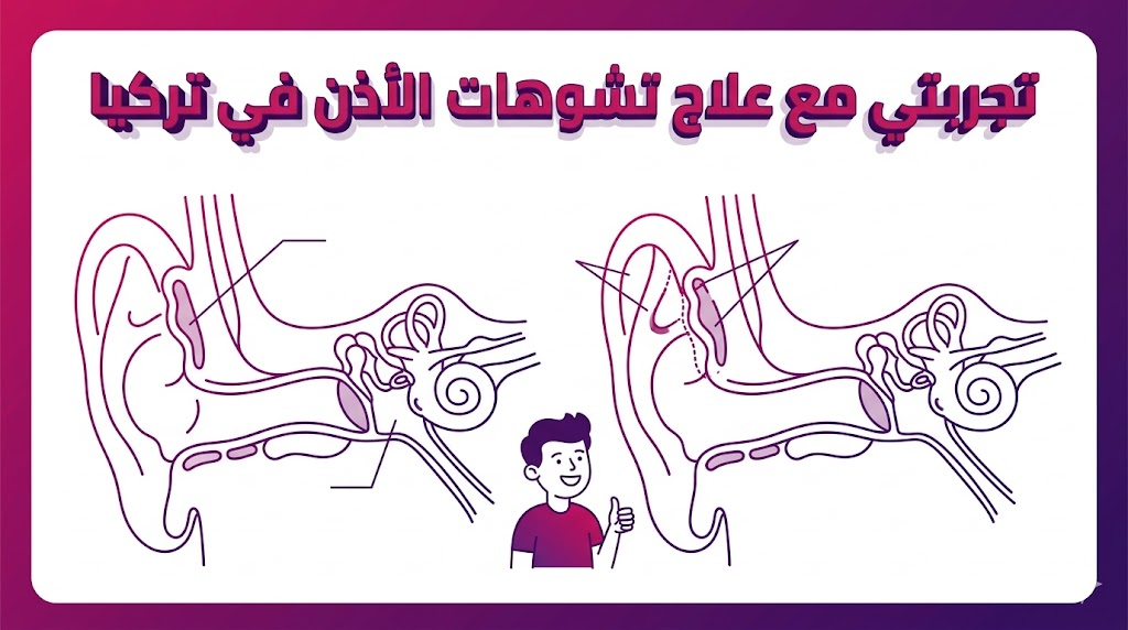 إنفوجرافيك تعليمي يوضح التشريح الداخلي للأذن وكيفية تعديل الغضروف في تجربتي مع علاج تشوهات الأذن في تركيا.