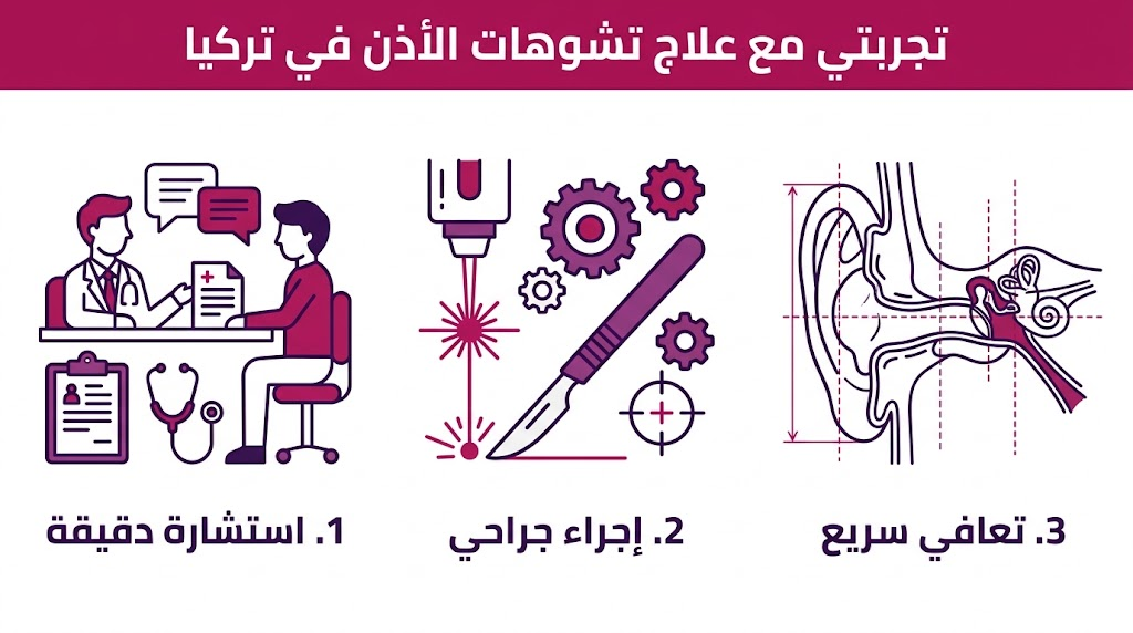  بوستر إنفوجرافيك يوضح خطوات الاستشارة والجراحة والتعافي ضمن تجربتي مع علاج تشوهات الأذن في تركيا.
