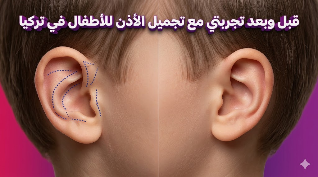 مقارنة قبل وبعد توضح نتائج تجربتي مع تجميل الأذن للأطفال في تركيا مع علامات جراحية دقيقة.