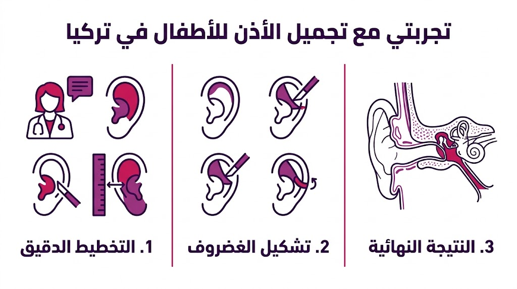 إنفوجرافيك يشرح مراحل العملية الثلاث خلال تجربتي مع تجميل الأذن للأطفال في تركيا.