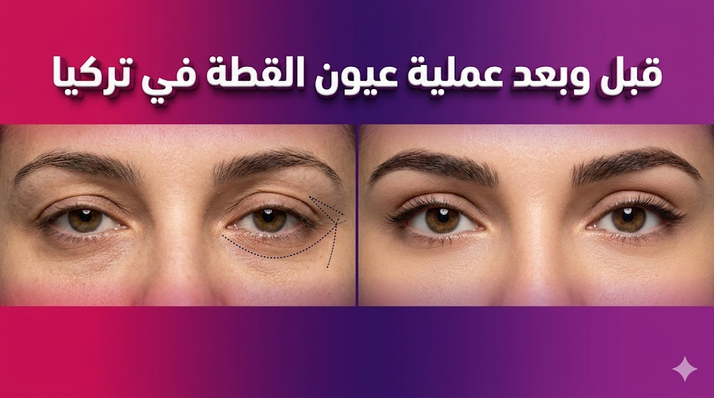 مقارنة قبل وبعد توضح نتائج عملية عيون القطة في تركيا لرفع وشد زاوية العين.