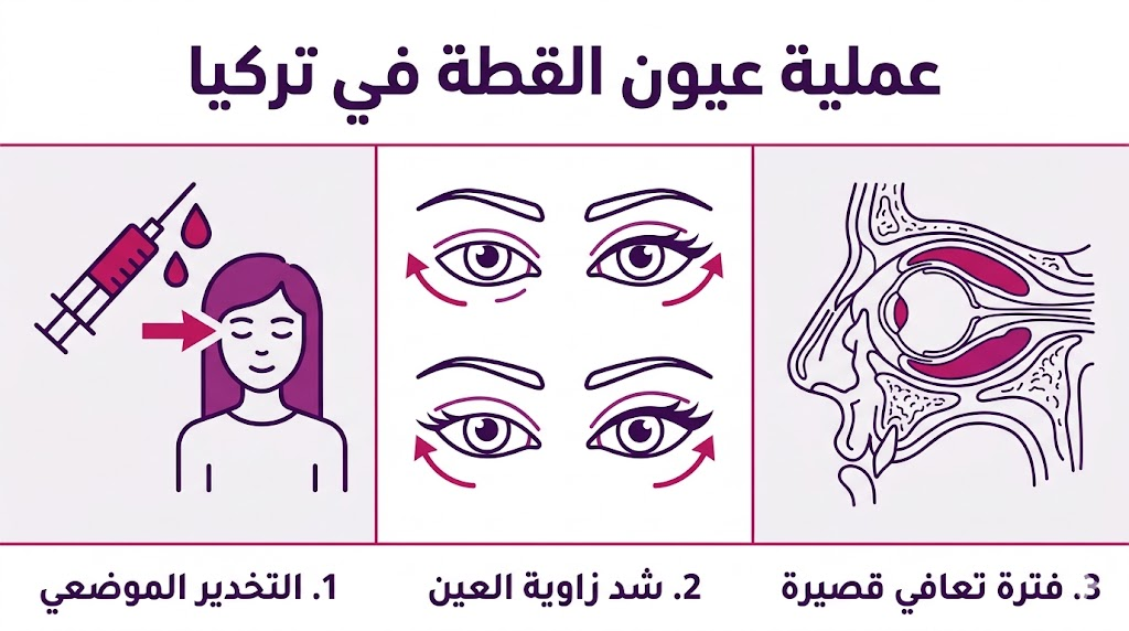إنفوجرافيك طبي يوضح مراحل عملية عيون القطة في تركيا ومميزاتها الأساسية.