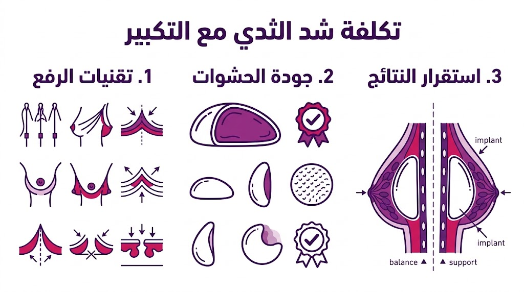إنفوجرافيك طبي يوضح مراحل تكلفة شد الثدي مع التكبير من التقنيات إلى النتائج النهائية.