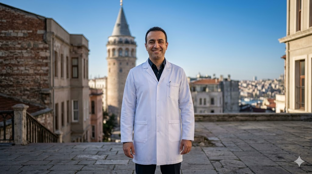 جراح تجميل خبير في تركيا يقف أمام برج غالاتا التاريخي، يمثل وجهة السياحة العلاجية لإجراء شد عضلات البطن في تركيا.