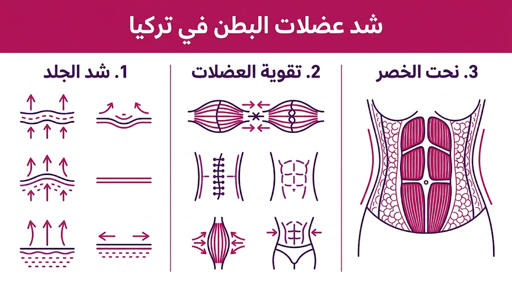 ملصق إنفوجرافيك يوضح المراحل الثلاث الأساسية لعملية شد عضلات البطن في تركيا: الشد والتقوية والنحت.