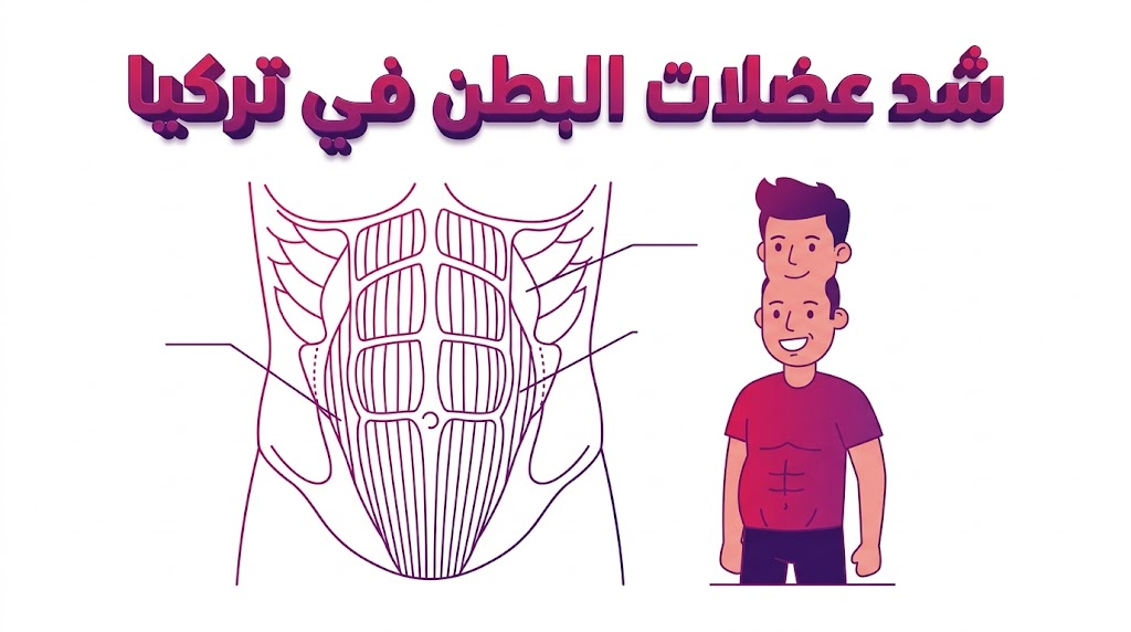 إنفوجرافيك طبي تشريحي يوضح كيفية تقوية العضلات وإزالة الترهلات في عملية شد عضلات البطن في تركيا.