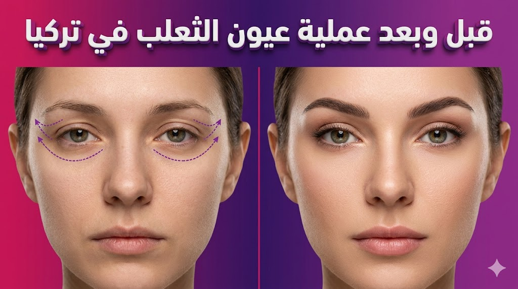 مقارنة واقعية قبل وبعد عملية عيون الثعلب في تركيا تظهر علامات التخطيط الجراحي والنتائج النهائية لرفع وشد زوايا العين.
