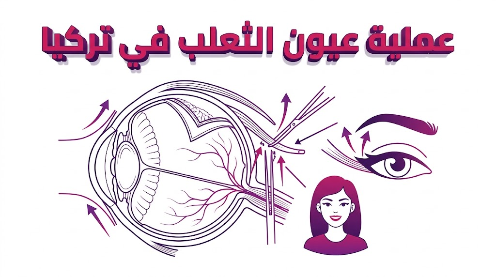 إنفوجرافيك طبي يوضح التشريح الداخلي وتفاصيل شد الأوتار الجانبية في عملية عيون الثعلب في تركيا بأسلوب الفيكتور التعليمي.