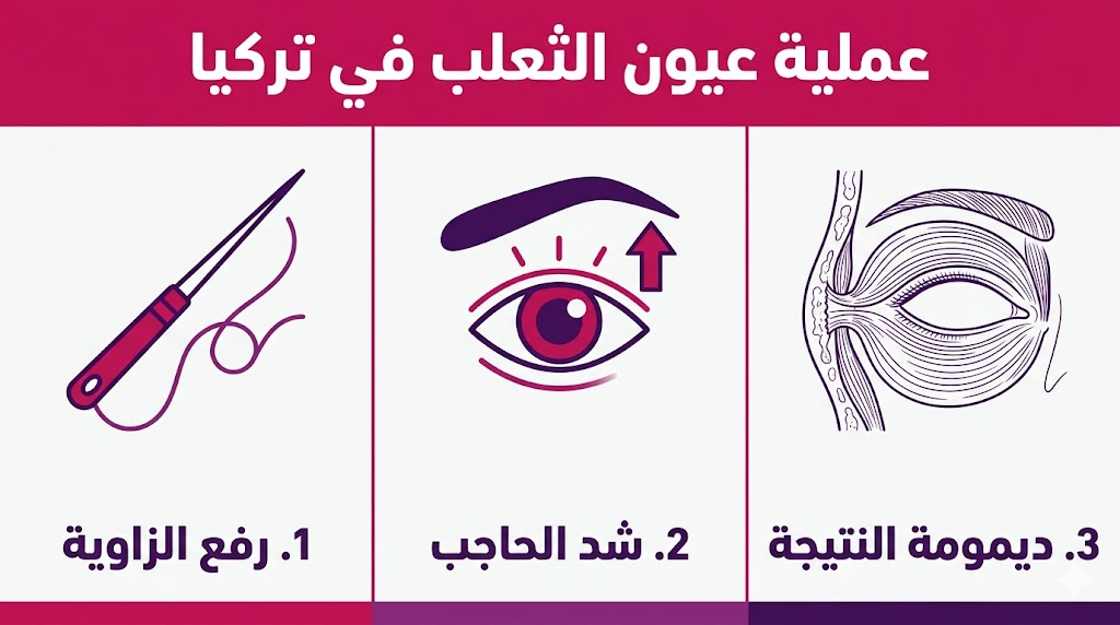 بوستر إنفوجرافيك تعليمي مقسم لثلاثة أقسام يشرح مراحل عملية عيون الثعلب في تركيا وفوائدها العلمية.