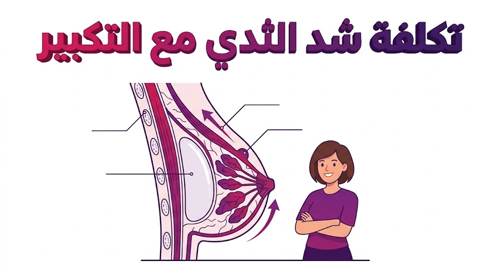 مخطط طبي توضيحي يشرح الجانب العلمي لعملية تكلفة شد الثدي مع التكبير وتنسيق الأنسجة.