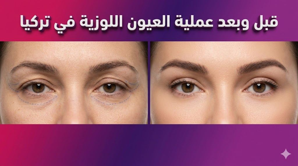صورة واقعية "قبل وبعد" توضح نتائج عملية العيون اللوزية في تركيا، تظهر التحول من الجفون المرتخية إلى العيون المسحوبة والجذابة.