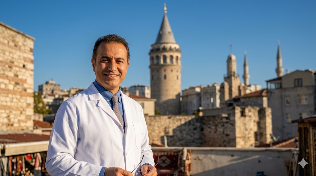 طبيب تجميل بزي رسمي أبيض يقف أمام برج غالاتا في اسطنبول، يرمز لخبرة أطباء عملية العيون اللوزية في تركيا.