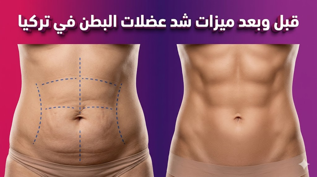 صورة مقارنة قبل وبعد تظهر ميزات شد عضلات البطن في تركيا مع علامات جراحية طبية ونتائج نحت مثالية.
