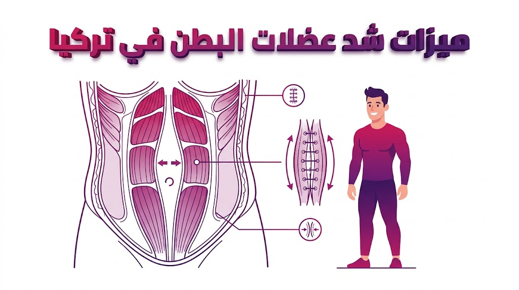 إنفوجرافيك تشريحي يوضح ميزات شد عضلات البطن في تركيا وكيفية إصلاح الأنسجة العضلية الداخلية.