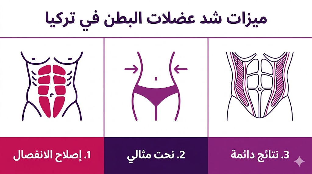 بوستر إنفوجرافيك تعليمي يلخص أهم ميزات شد عضلات البطن في تركيا في ثلاث نقاط علمية أساسية.