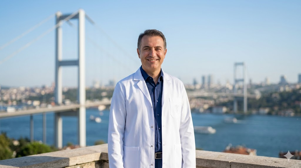 طبيب تجميل خبير يقف أمام جسر البوسفور في إسطنبول، تعبيراً عن جودة ميزات شد عضلات البطن في تركيا.