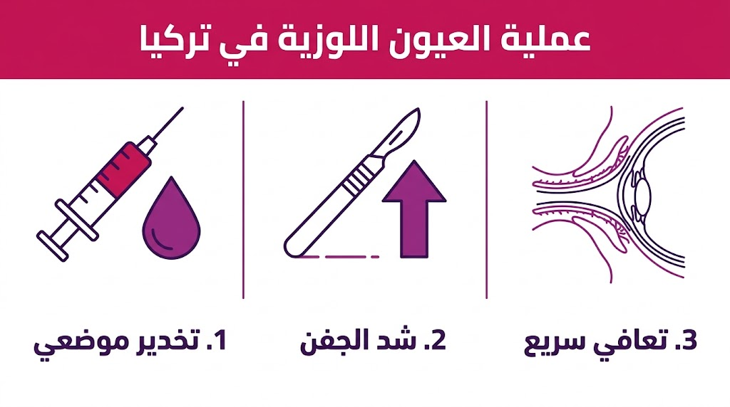 بوستر إنفوجرافيك يشرح مراحل عملية العيون اللوزية في تركيا من التخدير الموضعي حتى التعافي.