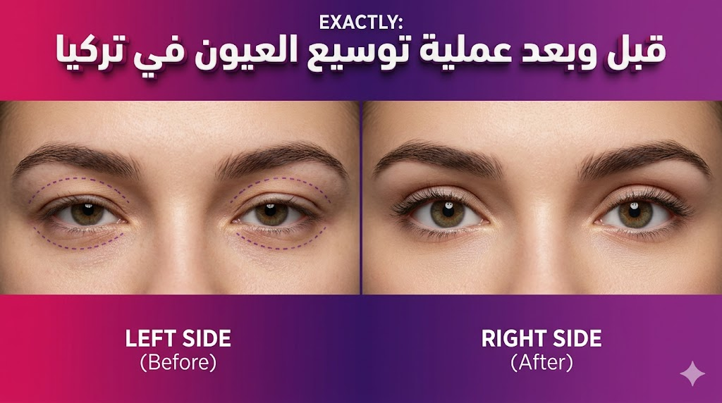 صورة واقعية تقارن بين شكل العين قبل وبعد عملية توسيع العيون في تركيا مع نص عربي ثلاثي الأبعاد وخلفية أرجوانية فاخرة.