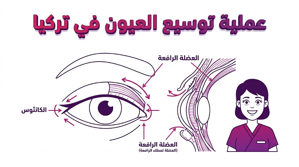  مخطط تشريحي علمي بنظام المتجهات يوضح تفاصيل عملية توسيع العيون في تركيا مع نص عربي بارز.