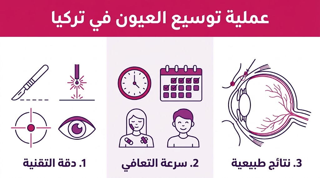إنفوجرافيك طبي يشرح مزايا عملية توسيع العيون في تركيا: دقة التقنية، سرعة التعافي، والنتائج الطبيعية.