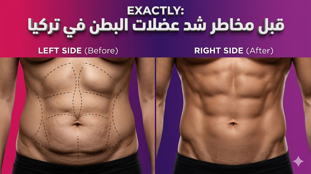 صورة قبل وبعد توضح نتائج العملية وكيفية معالجة مخاطر شد عضلات البطن في تركيا لتحقيق بطن مسطح.