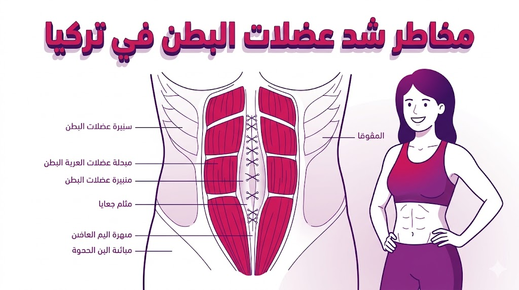 مخطط تشريحي يوضح عملية إصلاح العضلات وكيفية الوقاية من مخاطر شد عضلات البطن في تركيا.