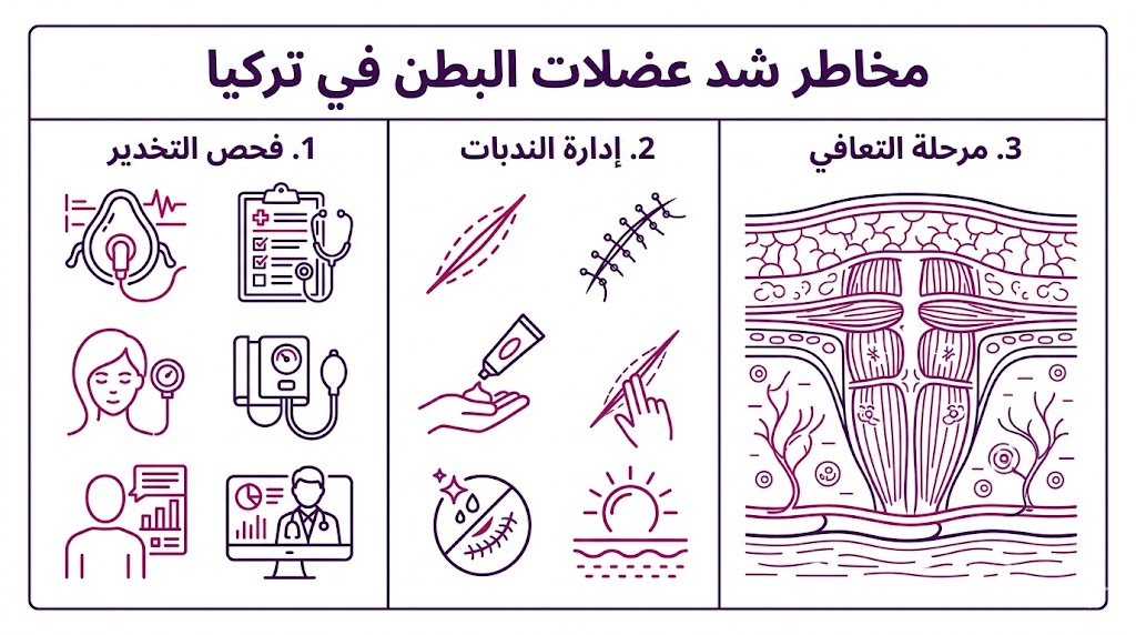 إنفوجرافيك طبي يشرح ثلاث نقاط أساسية لتجنب مخاطر شد عضلات البطن في تركيا.