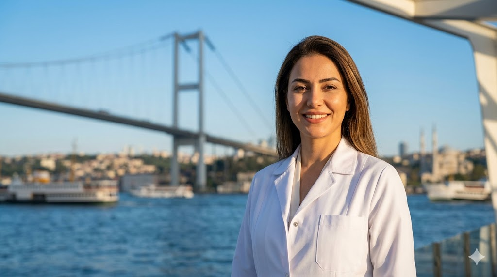 طبيب تجميل متخصص يقف أمام جسر البوسفور، رمزاً للأمان والجودة عند مناقشة مخاطر شد عضلات البطن في تركيا.