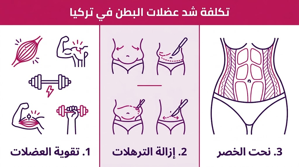 مخطط إنفوجرافيك مقسم لثلاثة أقسام يشرح مراحل ونتائج تكلفة شد عضلات البطن في تركيا.