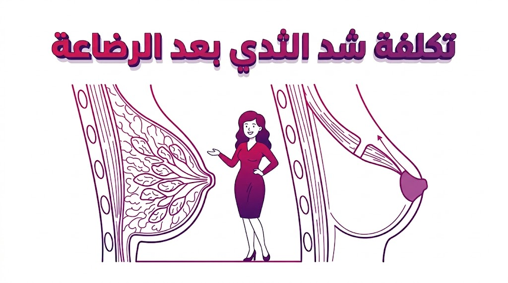 رسم تخطيطي طبي يوضح التشريح الداخلي وتقنيات تكلفة شد الثدي بعد الرضاعة العلمية.