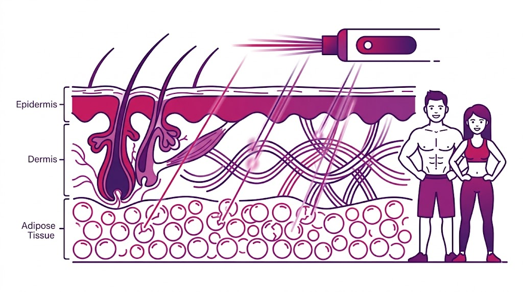 إنفوجرافيك طبي تشريحي يوضح كيفية عمل أشعة الليزر في عملية شد الجسم بالليزر في تركيا وتأثيرها على الدهون والكولاجين.