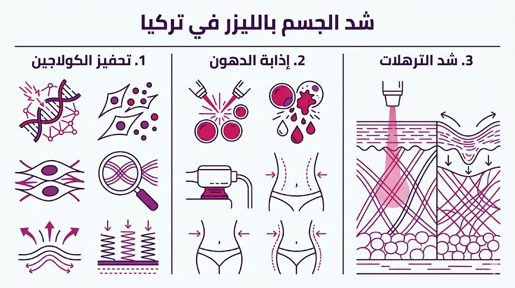 بوستر إنفوجرافيك مقسم لثلاثة أقسام يشرح مراحل شد الجسم بالليزر في تركيا من تحفيز الكولاجين إلى شد الترهلات.