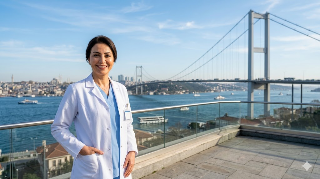 طبيب تجميل خبير يقف أمام جسر البوسفور في إسطنبول، يمثل خدمات شد الجسم بالليزر في تركيا.