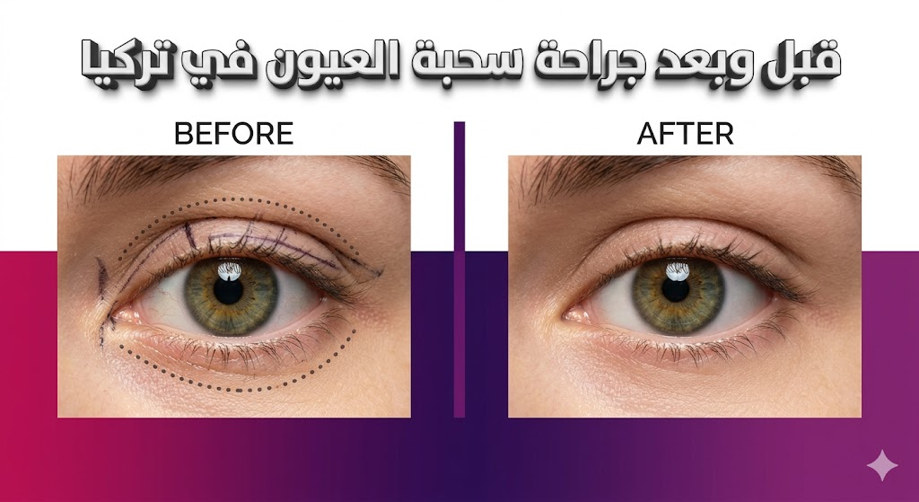 صورة مقارنة قبل وبعد جراحة سحبة العيون في تركيا توضح علامات التجميل والنتائج النهائية المذهلة للعيون اللوزية.