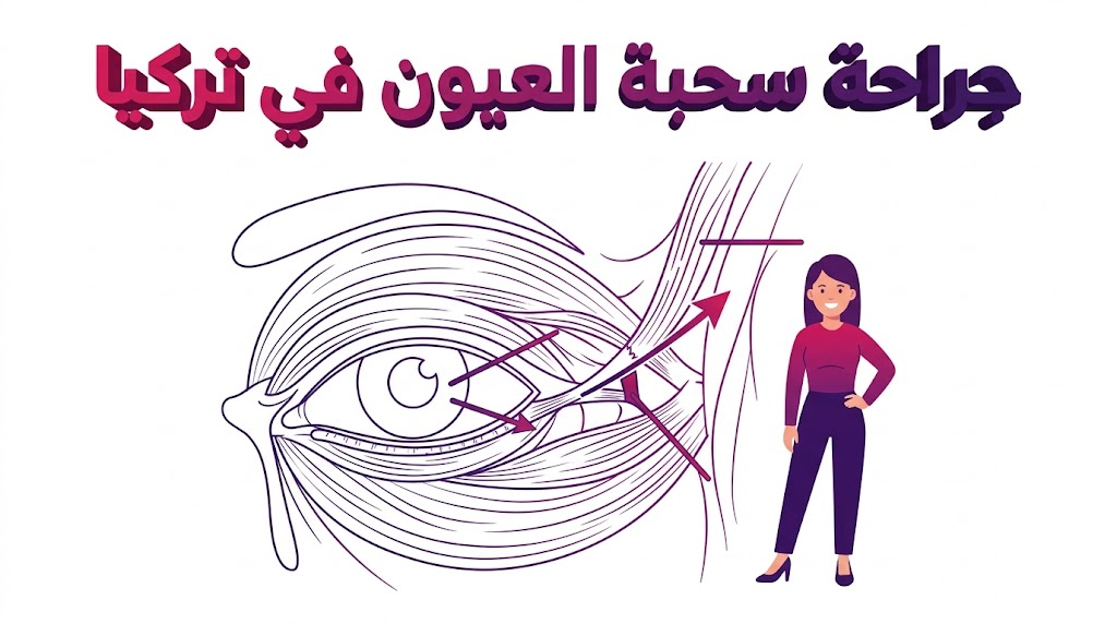 إنفوجرافيك طبي يشرح التشريح العلمي لعملية جراحة سحبة العيون في تركيا باستخدام رسم تخطيطي دقيق.