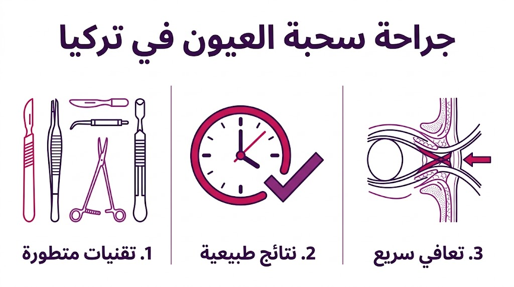 بوستر إنفوجرافيك يوضح مزايا جراحة سحبة العيون في تركيا من حيث التقنيات والنتائج وفترة التعافي.