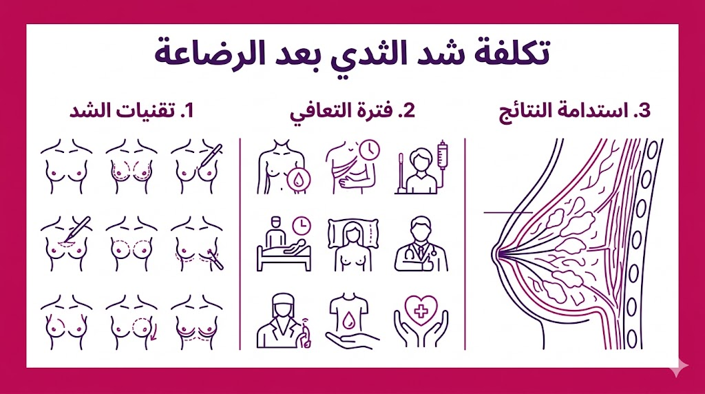إنفوجرافيك تعليمي يستعرض أهم محاور تكلفة شد الثدي بعد الرضاعة وخطوات العملية الجراحية.