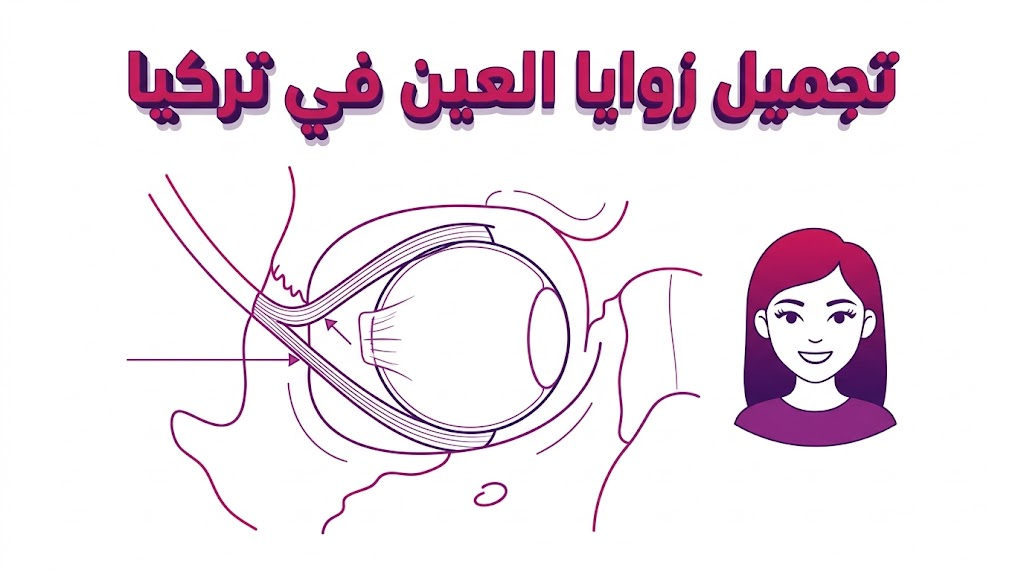 مخطط تشريحي يوضح التقنية الطبية المستخدمة في تجميل زوايا العين في تركيا لشد الجفون وتوسيع المدى البصري.