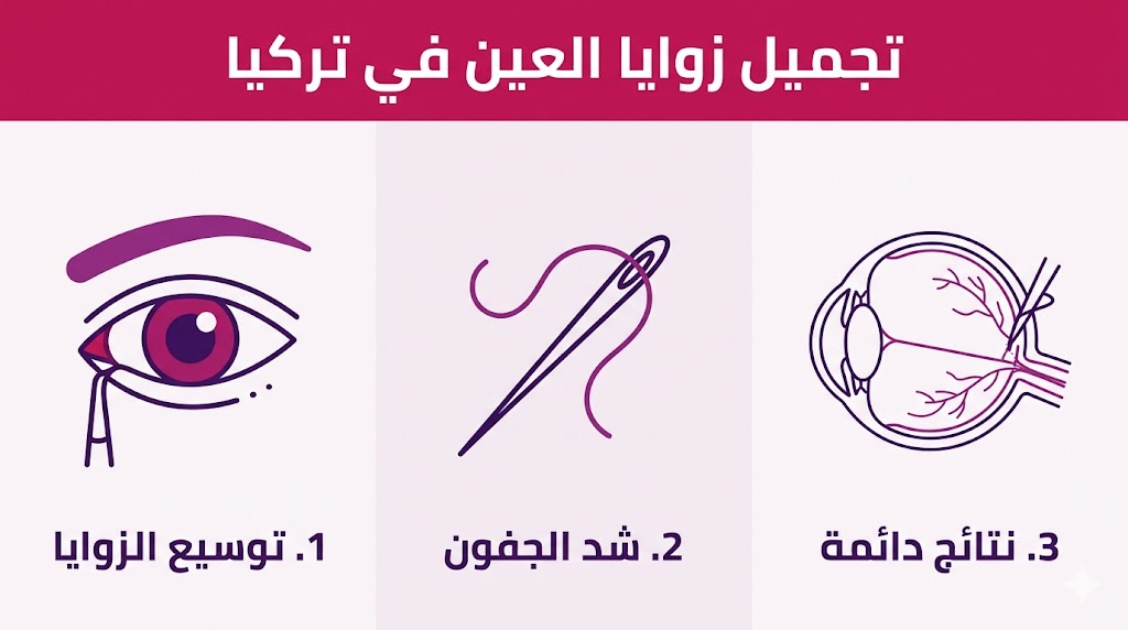 إنفوجرافيك طبي يوضح المراحل الثلاث لعملية تجميل زوايا العين في تركيا والنتائج المتوقعة.