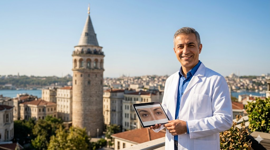 طبيب تجميل متخصص في تجميل زوايا العين في تركيا يقف أمام برج غالاتا التاريخي في اسطنبول.