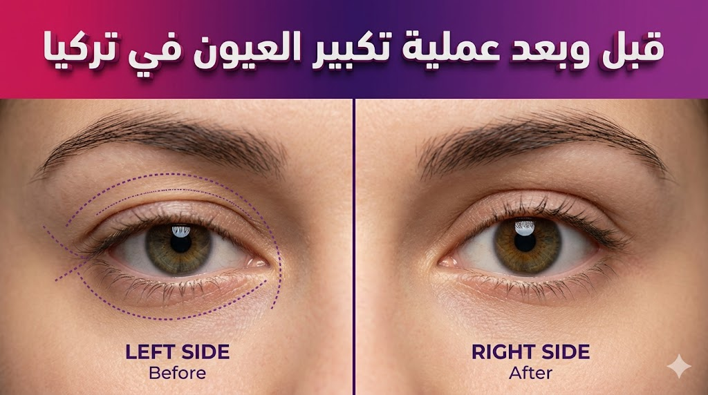  صورة واقعية مقارنة توضح نتائج قبل وبعد عملية تكبير العيون في تركيا مع علامات جراحية دقيقة وتحول مذهل لشكل العين.