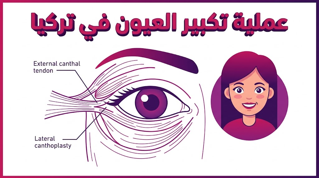 إنفوجرافيك طبي يشرح التشريح الدقيق لمنطقة العين والتقنيات المستخدمة في عملية تكبير العيون في تركيا بأسلوب الرسم الهندسي.