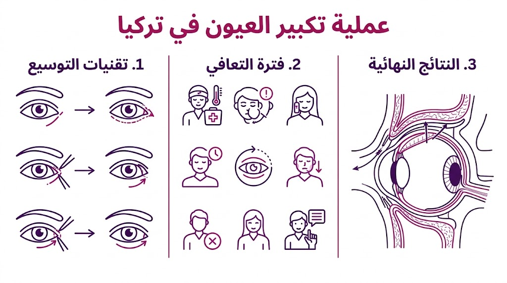  بوستر إنفوجرافيك يوضح ثلاث مراحل أساسية حول عملية تكبير العيون في تركيا تشمل التقنيات والتعافي والنتائج المتوقعة.