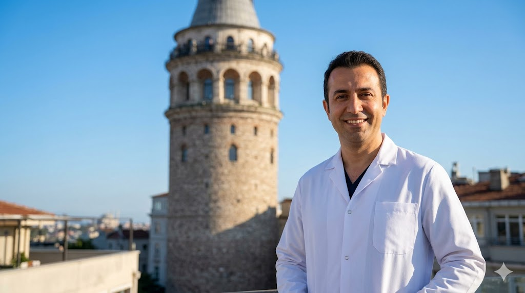 جراح تجميل خبير يقف أمام برج غالاتا التاريخي في اسطنبول، يرمز لنجاح عملية تكبير العيون في تركيا والوجهة الرائدة للسياحة العلاجية.