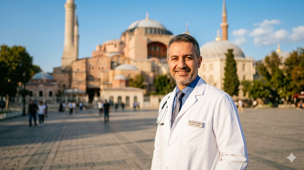 طبيب تجميل متخصص يقف أمام آيا صوفيا في إسطنبول، مركز عمليات وتكلفة شد الثدي بعد الرضاعة.