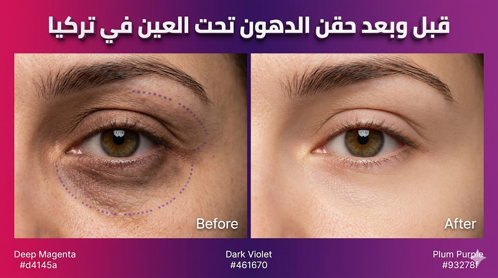 مقارنة قبل وبعد توضح نتائج حقن الدهون تحت العين في تركيا لإخفاء التجويف والهالات.