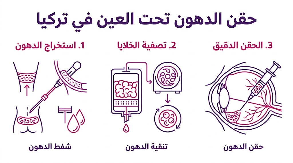 إنفوجرافيك يوضح خطوات استخراج وتنقية وحقن الدهون تحت العين في تركيا.