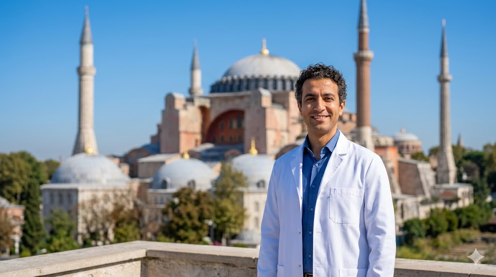  طبيب تجميل متخصص في حقن الدهون تحت العين في تركيا يقف أمام جامع آيا صوفيا في إسطنبول.